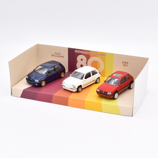 NOREV479992 - Coffret de 3 voitures – RENAULT clio Williams bleu – RENAULT SuperCinq GT turbo blanc et PEUGEOT 2005 GTI 1.6 rouge - 1