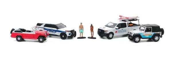 GREEN58053 - Set de 4 véhicules – JEEP Wrangler 2012 FORD Police Interceptor Utillity 2020 FORD F-150 2016 et JEEP Jeepster convertible 1967 – FLORIDA SUMMER BASH - 1