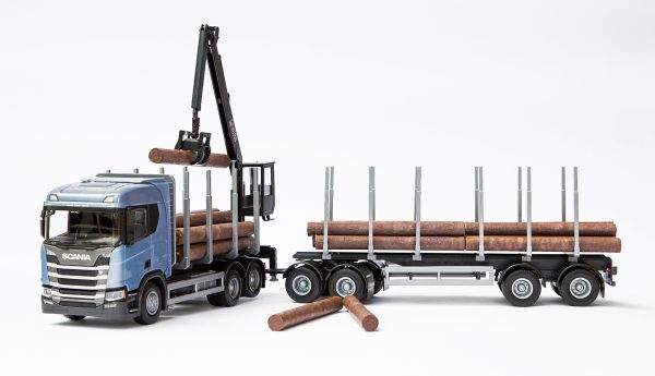 EMEK71604 - SCANIA R450 6x4 bleu avec grue de chargement et remorque transport de bois - 1