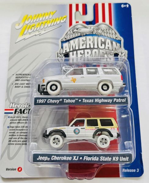 JLPK019A-3 - CHEVROLET Tahoe 1997 - Texas Highway Patrol et JEEP Cherokee XJ - Florida State K9 Unit - AMERICAN HEROES - de la série TWIN PACK 2022 série A sous blister - 1