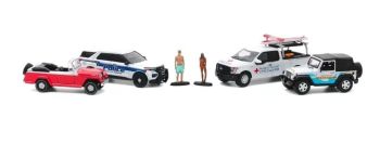 GREEN58053 - Set de 4 véhicules – JEEP Wrangler 2012 FORD Police Interceptor Utillity 2020 FORD F-150 2016 et JEEP Jeepster convertible 1967 – FLORIDA SUMMER BASH