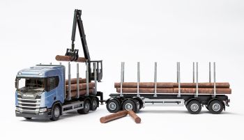 EMEK71604 - SCANIA R450 6x4 bleu avec grue de chargement et remorque transport de bois