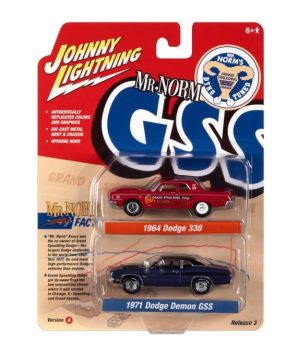 JLPK019A-1 - DODGE 330 1964 rouge et DODGE Demon GSS 1971 bleu - Mr. NORM - de la série TWIN PACK 2022 série A sous blister