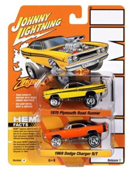 JLPK020A-2 - PLYMOUTH Road Runner 1970 jaune et DODGE Charger R/T 1969 Orange de la série HEMI sous blister